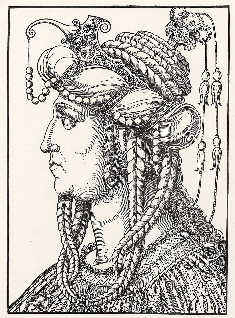 ""Sultana Roxelanen (Russelazie (ruteenilainen)) tai Hurremin (s. Anastasia Lisovska, noin 1500-1558) muotokuva sulttaani Suleiman Suuren vaimon"" Erhard Schoenin (1491-1592) puupiirros noin 152 Gothagliches Museum tekijältä Erhard Schon
