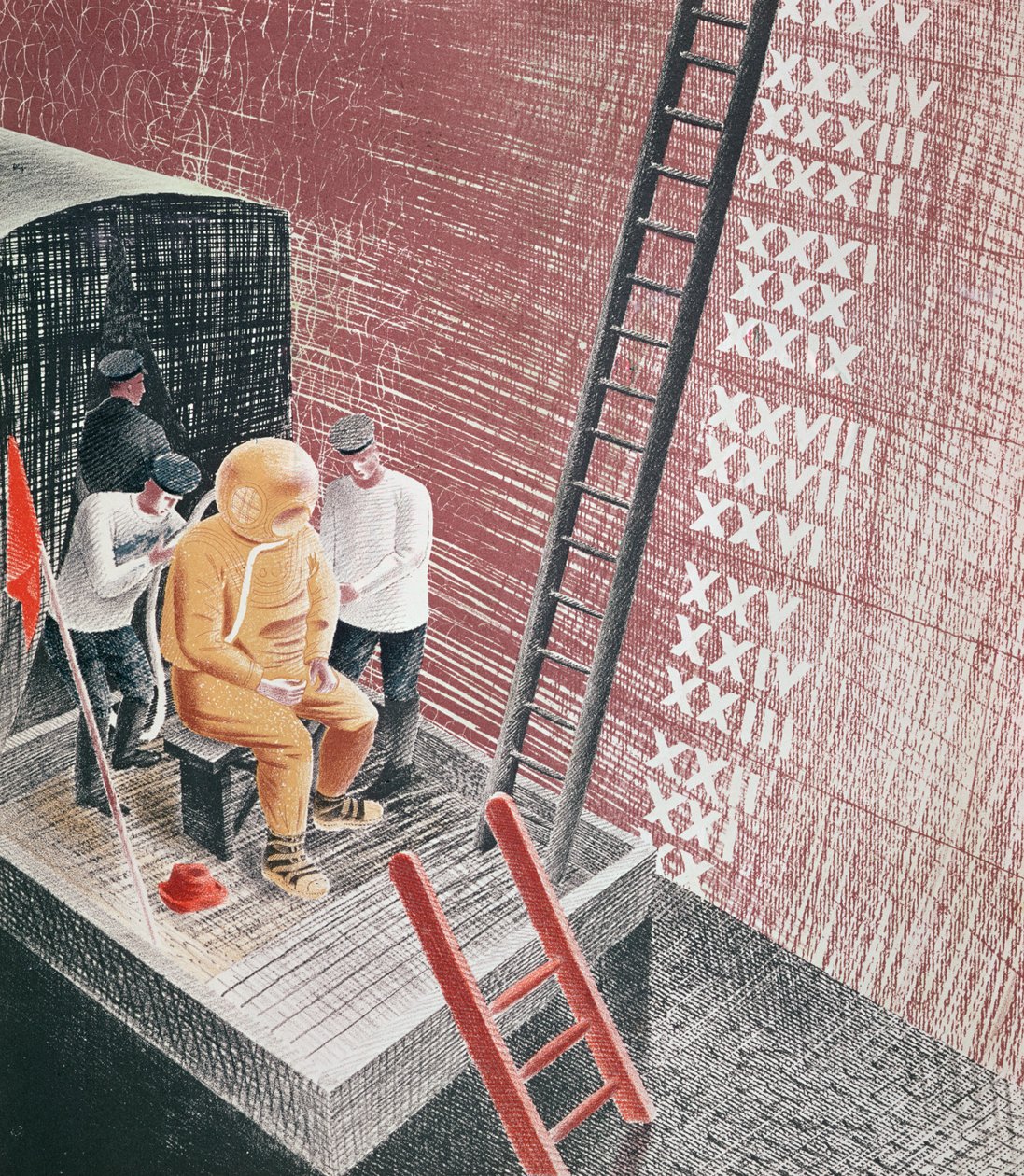 Sukeltaja valmistautuu laskeutumiseen tekijältä Eric Ravilious