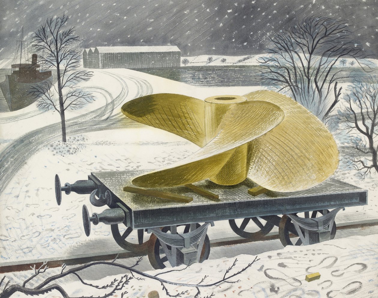 Laivan ruuvi rautatieautossa (akvarelli grafiitin päällä, paperilla) tekijältä Eric Ravilious