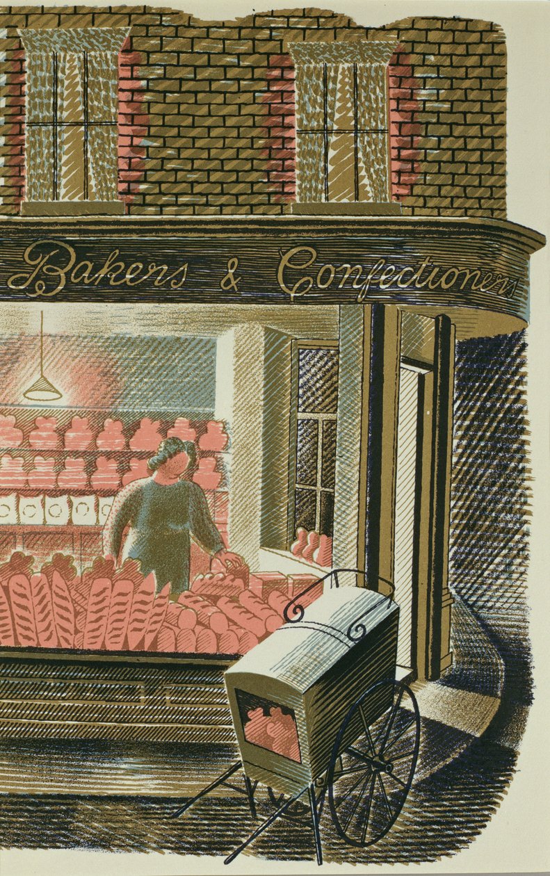 The Bakers and Confectioners, painanut Curwen Press, "High Street", kirjoittanut J. M. Richards, julkaissut "Country Life", 1938 (24 kpl sarja) (värilitografia) tekijältä Eric Ravilious