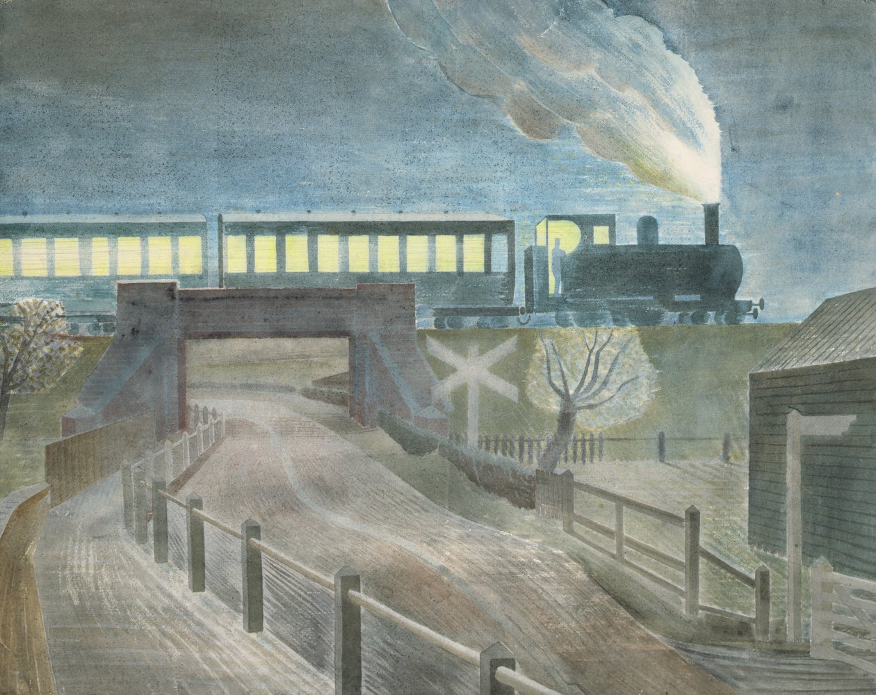 Juna kulkee sillan yli yöllä tekijältä Eric Ravilious