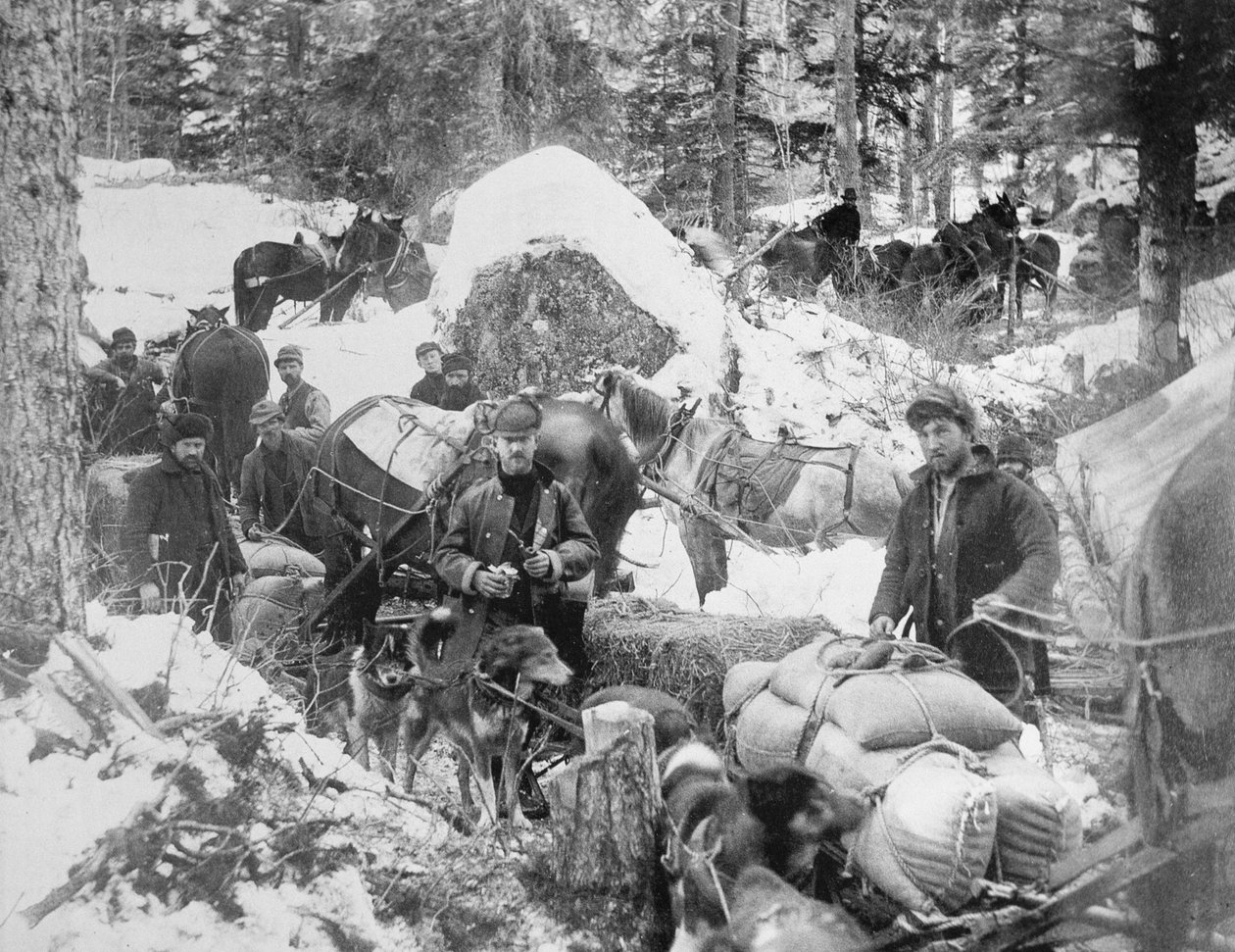 Etsijät nousemassa Porcupine-kukkulalle Skagway Traililla Alaskassa Klondiken kultakuumeen aikana (1897-98) 1898 (m/v kuva) tekijältä Eric A. Hegg