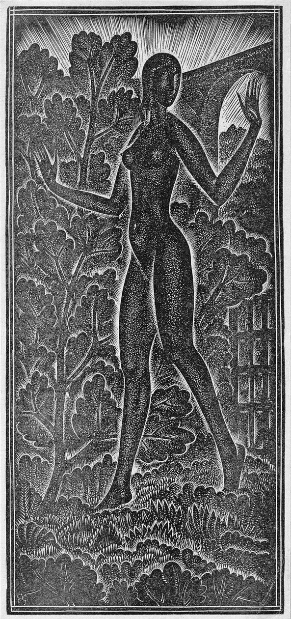 "A Garden Enclosed is My Sister" (Hortus Conclusus) kuvitus teoksesta "Laulujen laulu" (Solomon laulu) 1929 (puupiirros) tekijältä Eric Gill