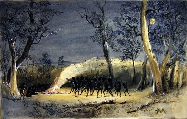Native Corroboree at Night (lyijykynä, akvarelli ja arabikumi paperille) tekijältä Eric Gill
