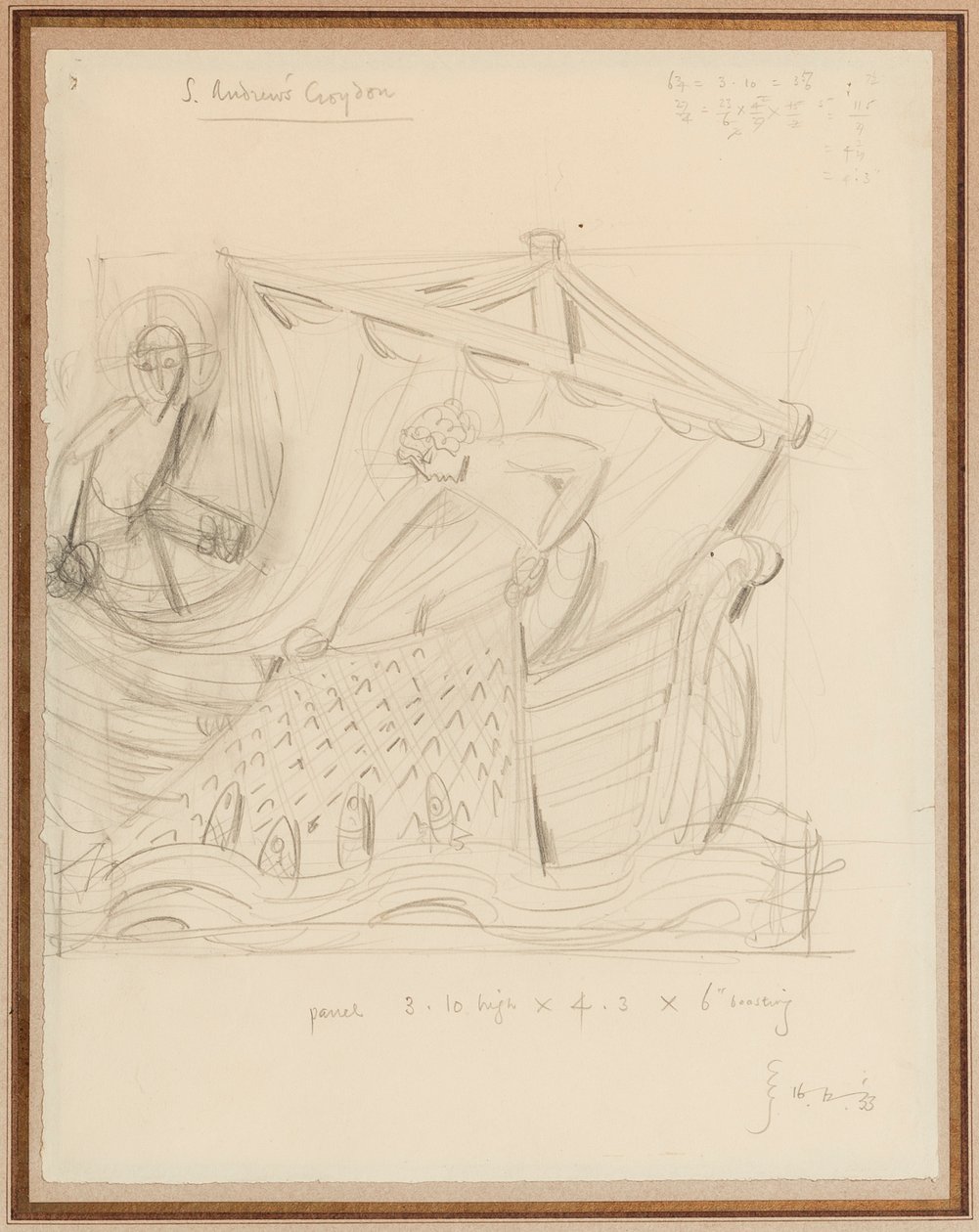 Kristus ja kalojen ihmeellinen luonnos, joulukuu 1933 (kynä paperille) tekijältä Eric Gill