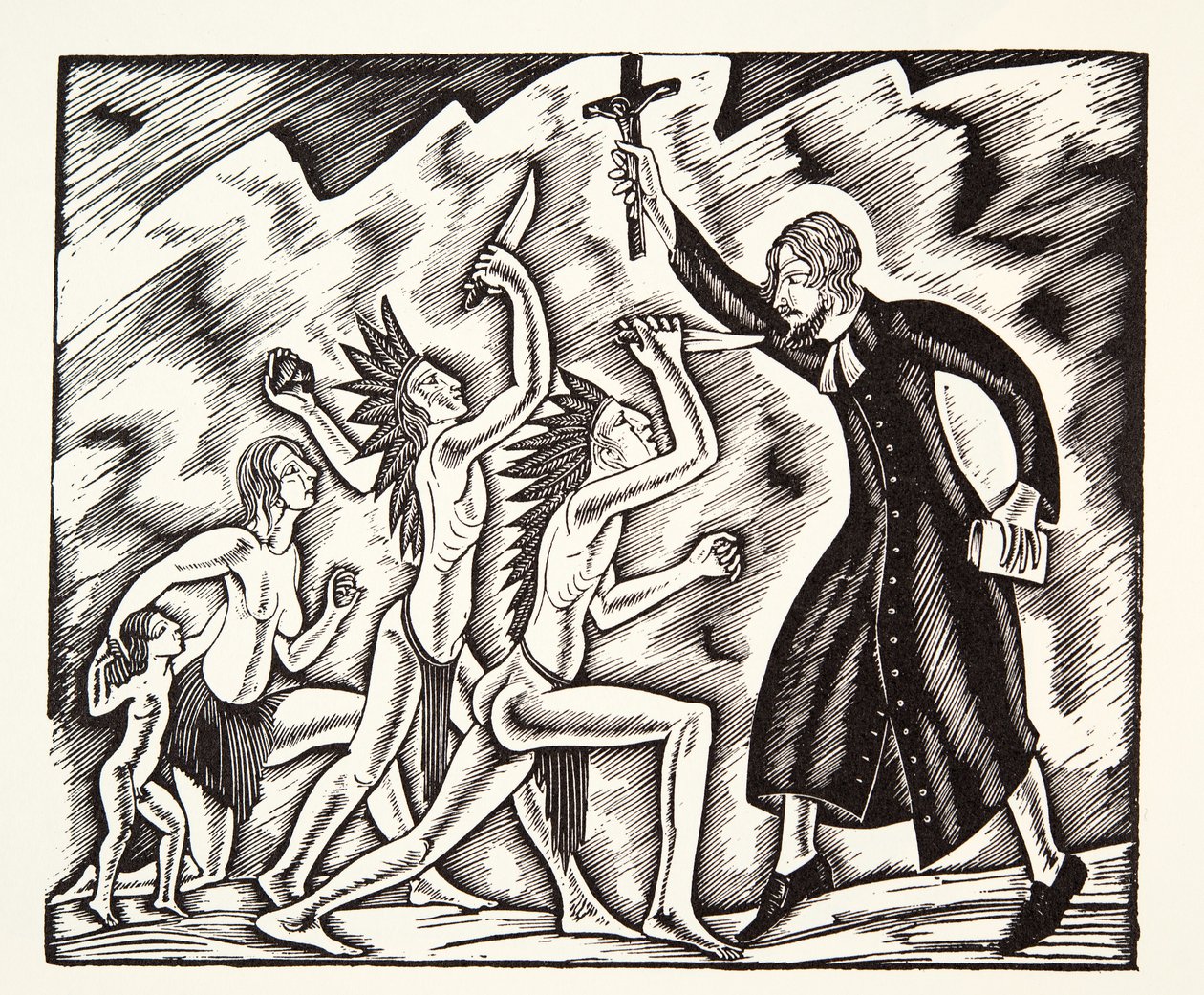 Hyökkäys, teoksesta Isä Jean de Brebeufin matkat ja kärsimykset tekijältä Eric Gill