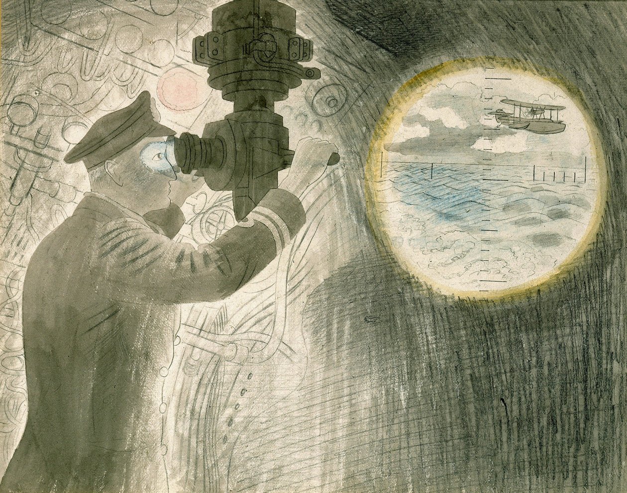 Sukellusveneen (sukellusveneen) upseeri katselee periskoopin läpi. Akvarelli ja lyijykynä paperille tekijältä Eric Ravilious