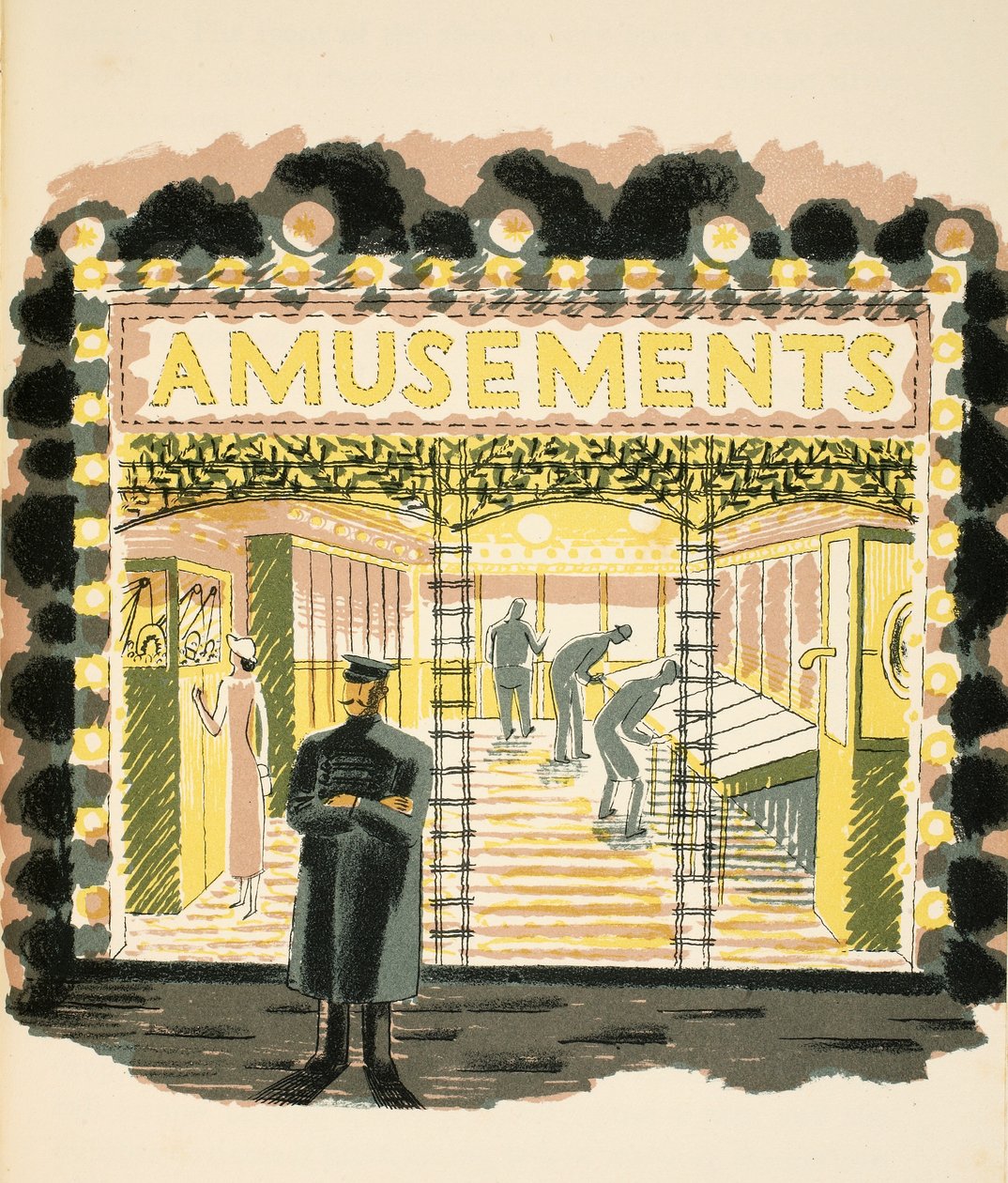 Amusement Arcade, kuvitus "High Street", kirjoittanut J.M. Richards, painanut Curwen Press, pub. Kirjailija: Country Life, 1938 tekijältä Eric Ravilious