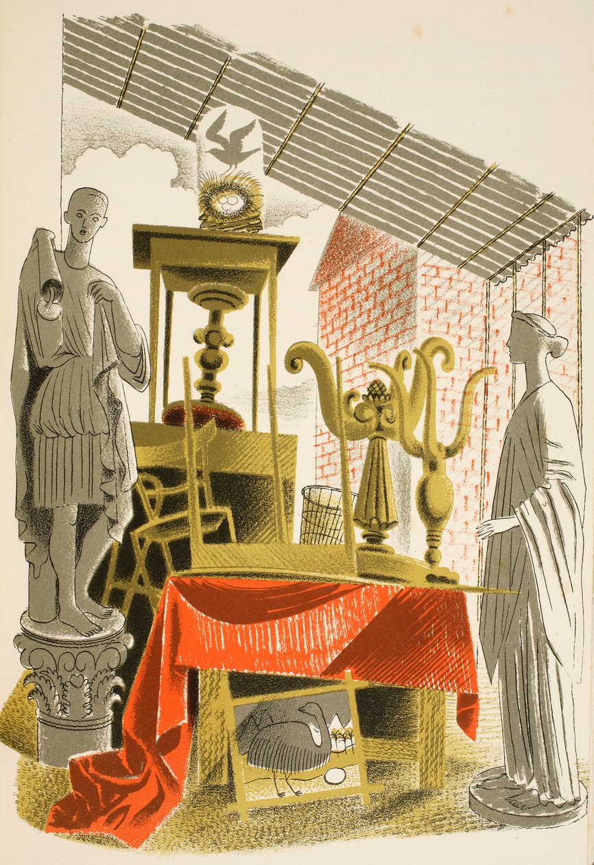 Antiikkikauppa, kuvitus J.M. Richardsin High Streetistä, painanut Curwen Press, pubi. Kirjailija: Country Life, 1938 tekijältä Eric Ravilious