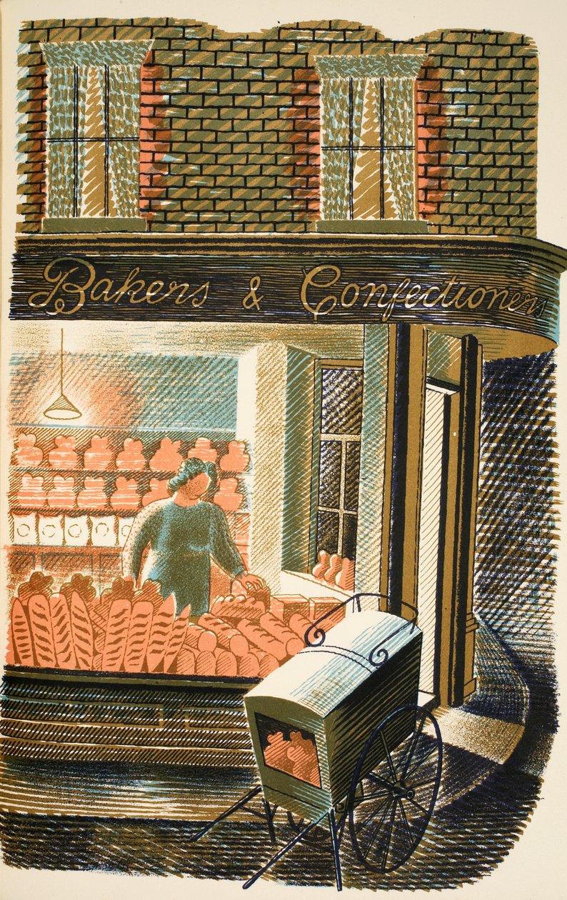 Baker and Confectioner, kuvitus J.M. Richardsin High Streetistä, paina Curwen Press, pub. Kirjailija: Country Life, 1938 tekijältä Eric Ravilious