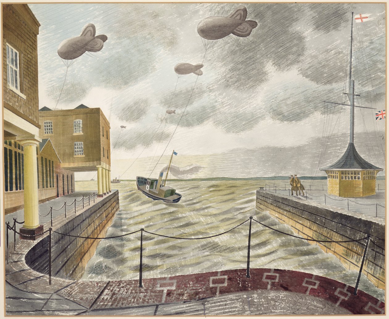 Paloilmapallot brittiläisen sataman ulkopuolella (kynä ja akvarelli paperilla) tekijältä Eric Ravilious