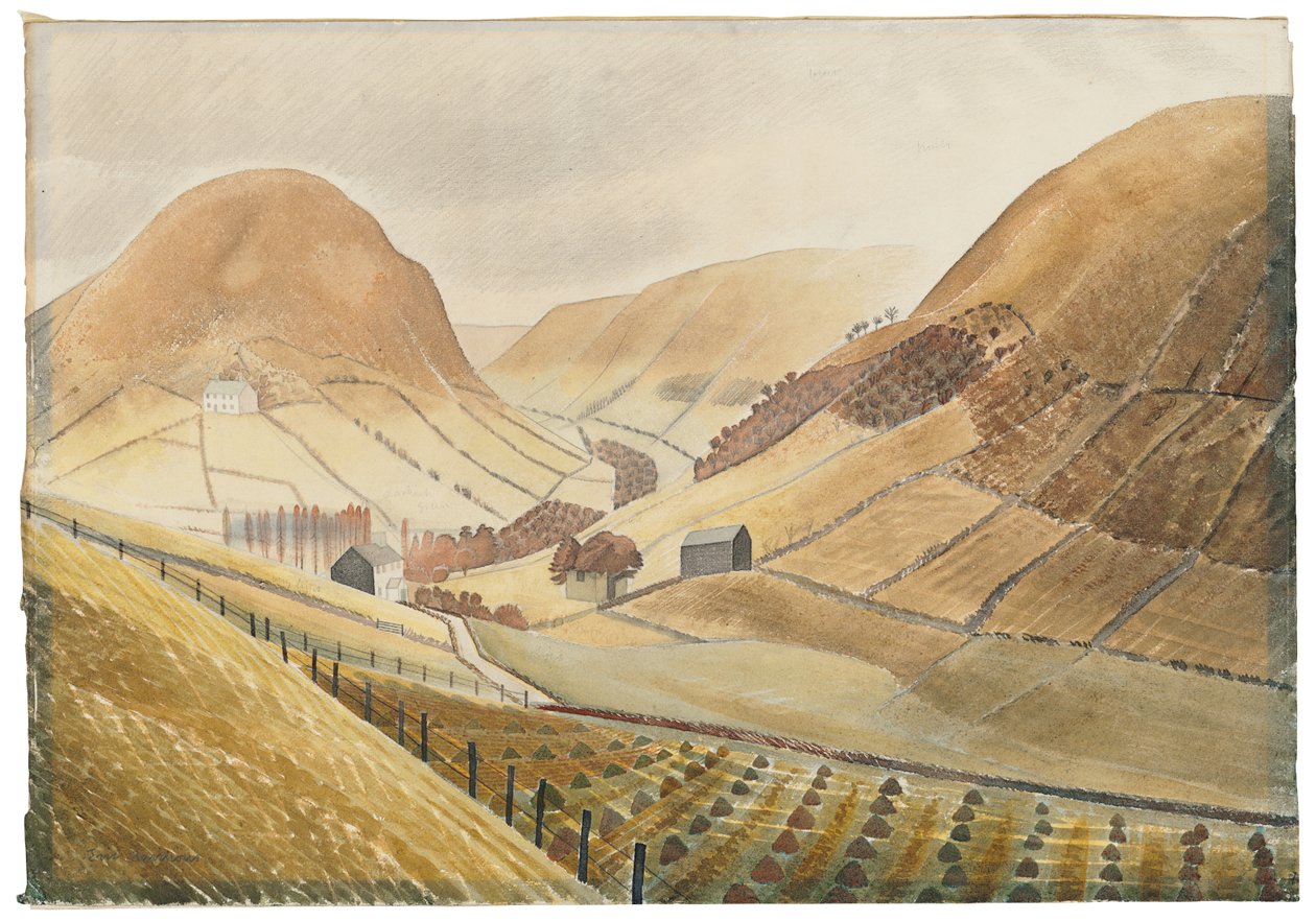 Corn Stoks and Farmsteads - Hill Farm, Capel-y ffin, Wales, 1938 tekijältä Eric Ravilious