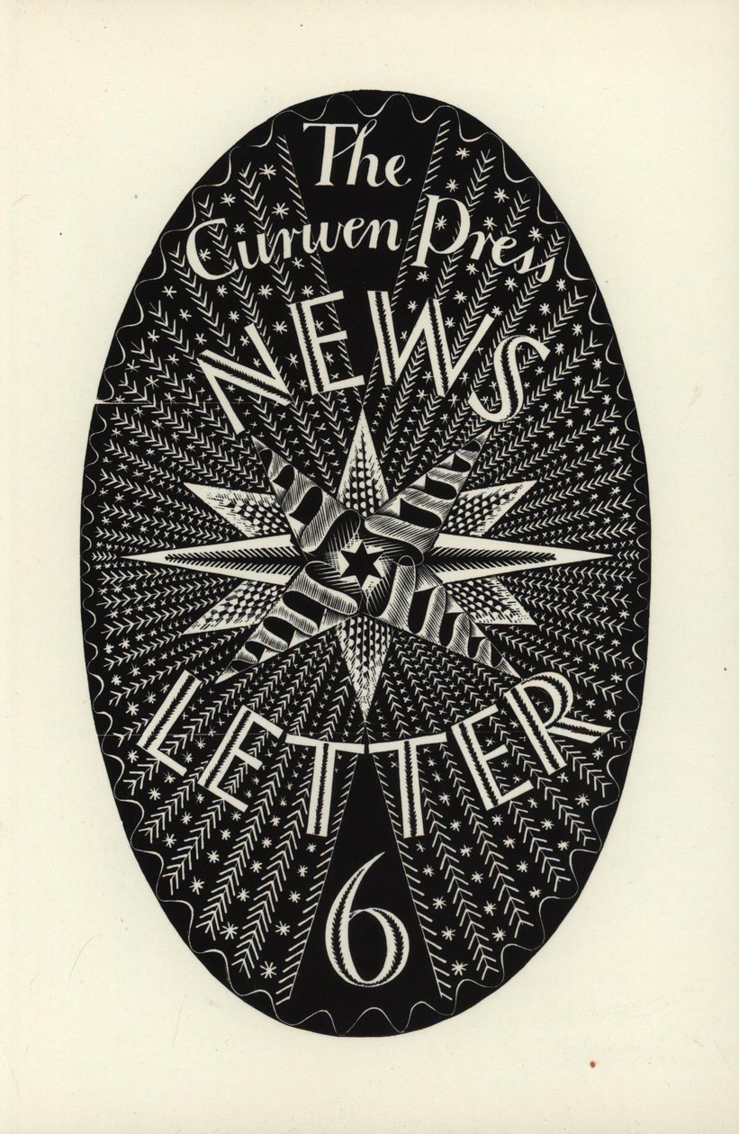 Suunnittelu Curwen Press News-Letterille, numero 6, 1934 (puukaiverrus) tekijältä Eric Ravilious