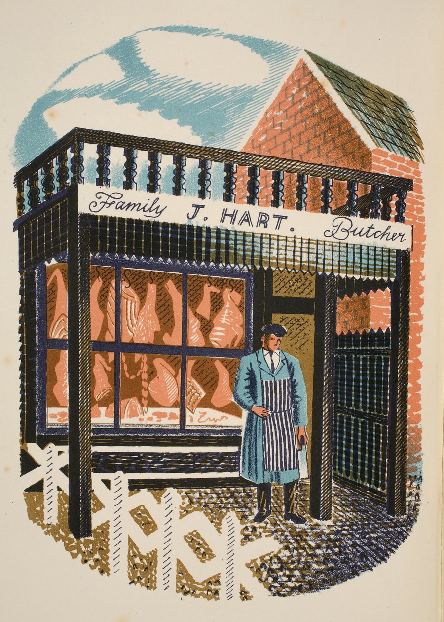 Family Butcher, kuvitus J.M. Richardsin High Streetistä, painanut Curwen Press, pub. Kirjailija: Country Life, 1938 tekijältä Eric Ravilious