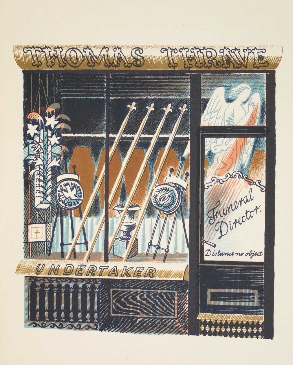 Hautajaisjohtaja, kuvitus J.M. Richardsin High Streetistä, painanut Curwen Press, pub. Kirjailija: Country Life, 1938 tekijältä Eric Ravilious