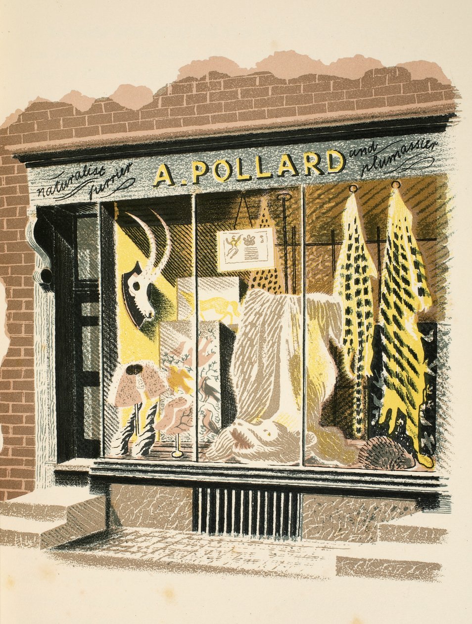 Furrier, kuvitus J.M. Richardsin High Streetistä, painanut Curwen Press, pub. Kirjailija: Country Life, 1938 tekijältä Eric Ravilious