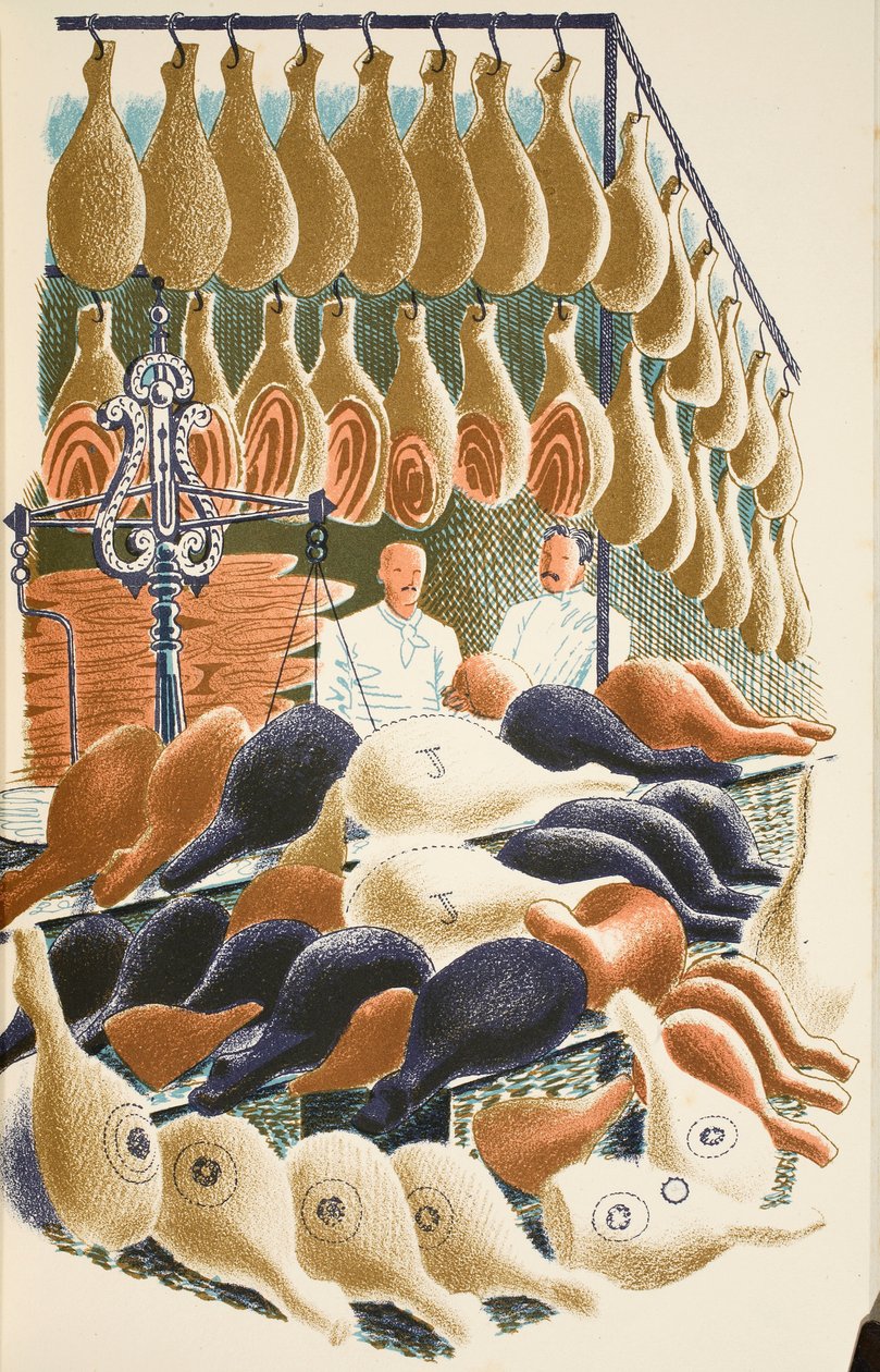 Kinkkuja, kuvitus J. M. Richardsin High Streetistä, painanut Curwen Press, pub. Kirjailija: Country Life, 1938 tekijältä Eric Ravilious