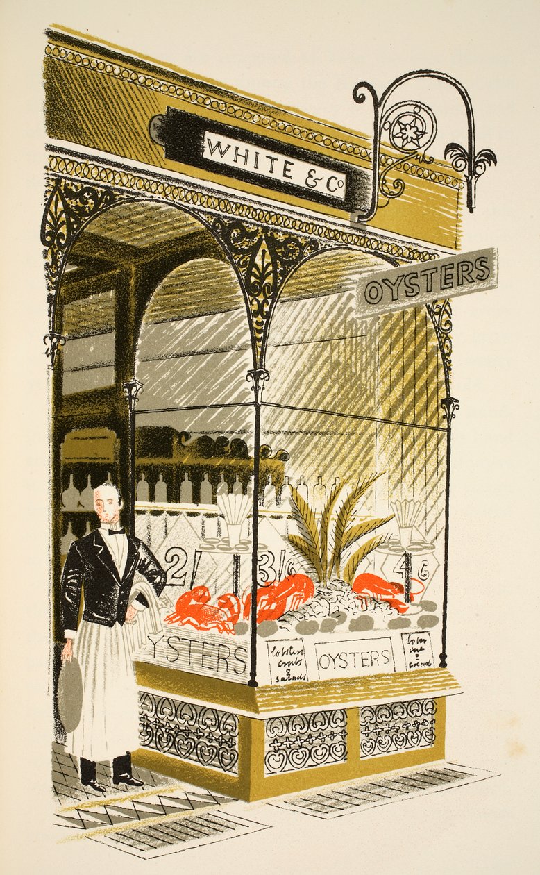 Oyster Bar, kuvitus J.M. Richardsin High Streetistä, painanut Curwen Press, pub. tekijältä Country Life tekijältä Eric Ravilious