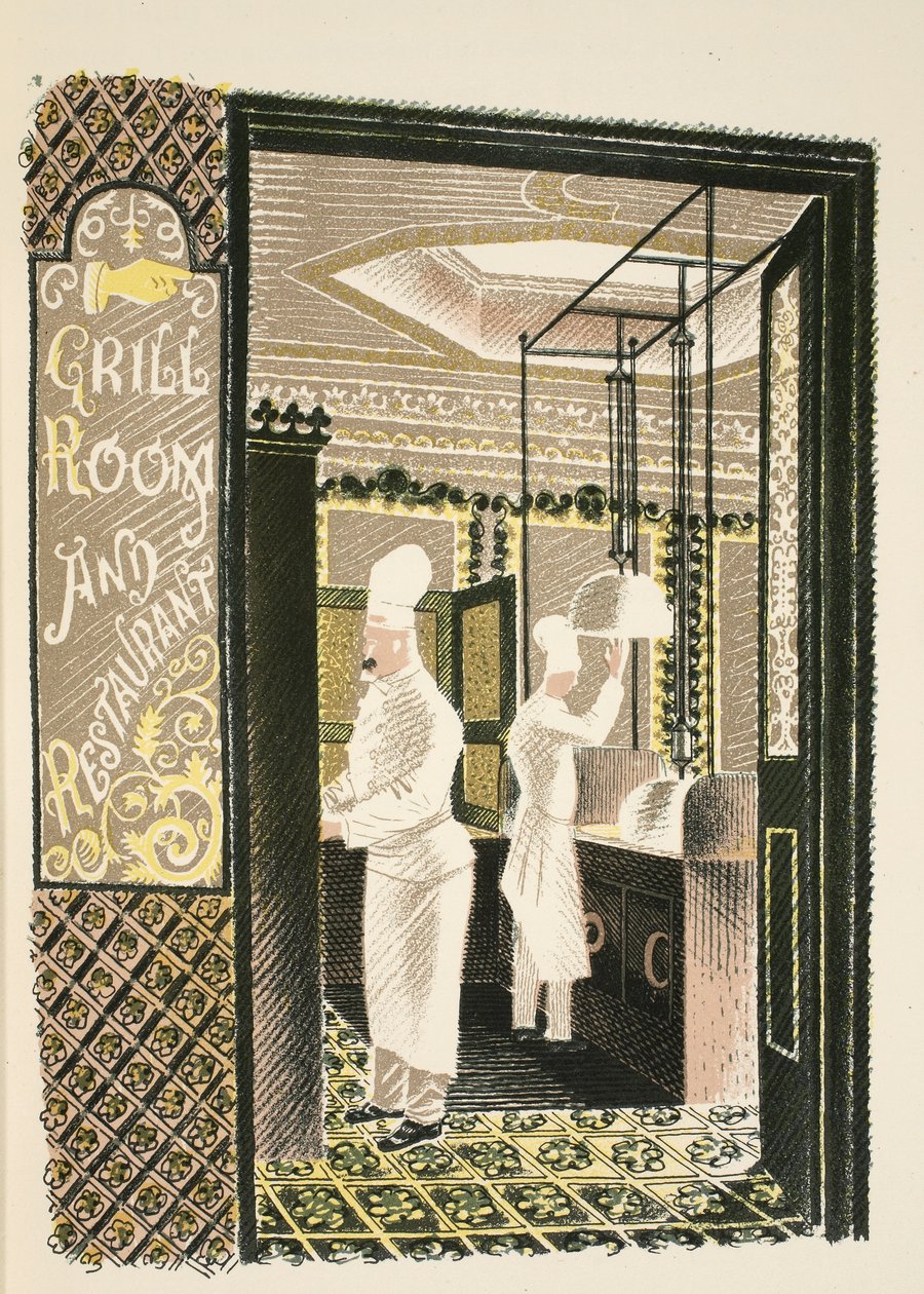 Ravintola ja grillihuone, kuvitus J. M. Richardsin High Streetistä, paina Curwen Press, pubi. Kirjailija: Country Life, 1938 tekijältä Eric Ravilious