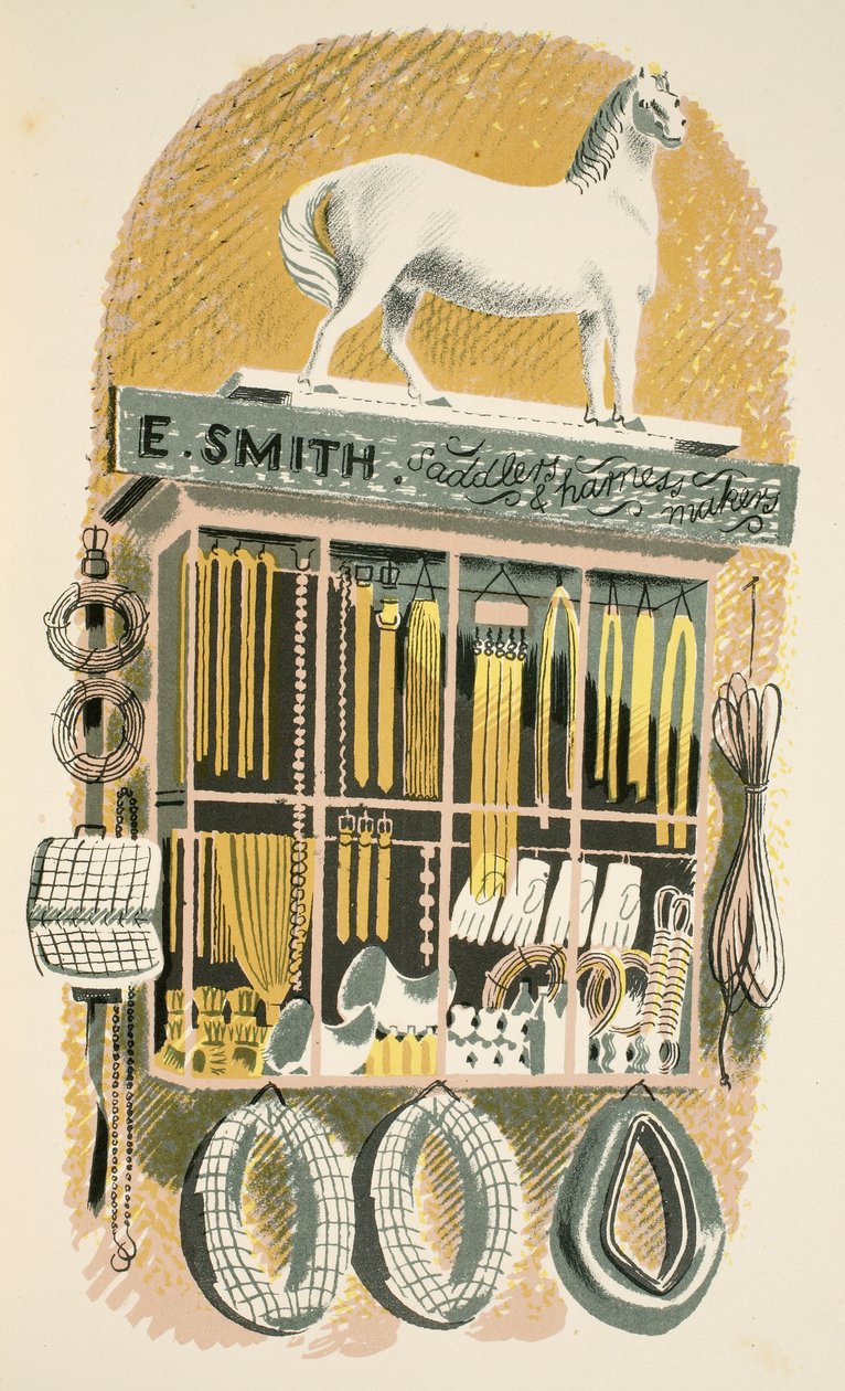 Saddler and Harness Maker, kuvitus J.M. Richardsin High Streetistä, paina Curwen Press, pub. Kirjailija: Country Life, 1938 tekijältä Eric Ravilious