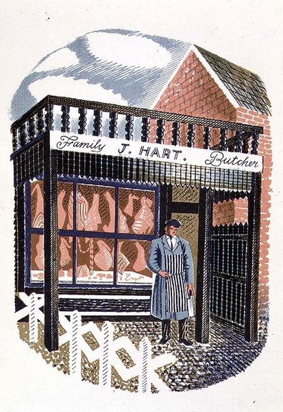 The Butchers Shop, painanut Curwen Press, High Street, kirjoittanut J.M. Richards, julkaissut Country Life, 1938 (24 kappaletta) tekijältä Eric Ravilious