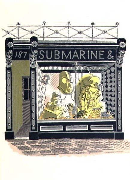 The Marine Suppliers, paina Curwen Press, High Street, kirjoittanut J.M. Richards, julkaissut Country Life, 1938 (24 kappaletta) tekijältä Eric Ravilious