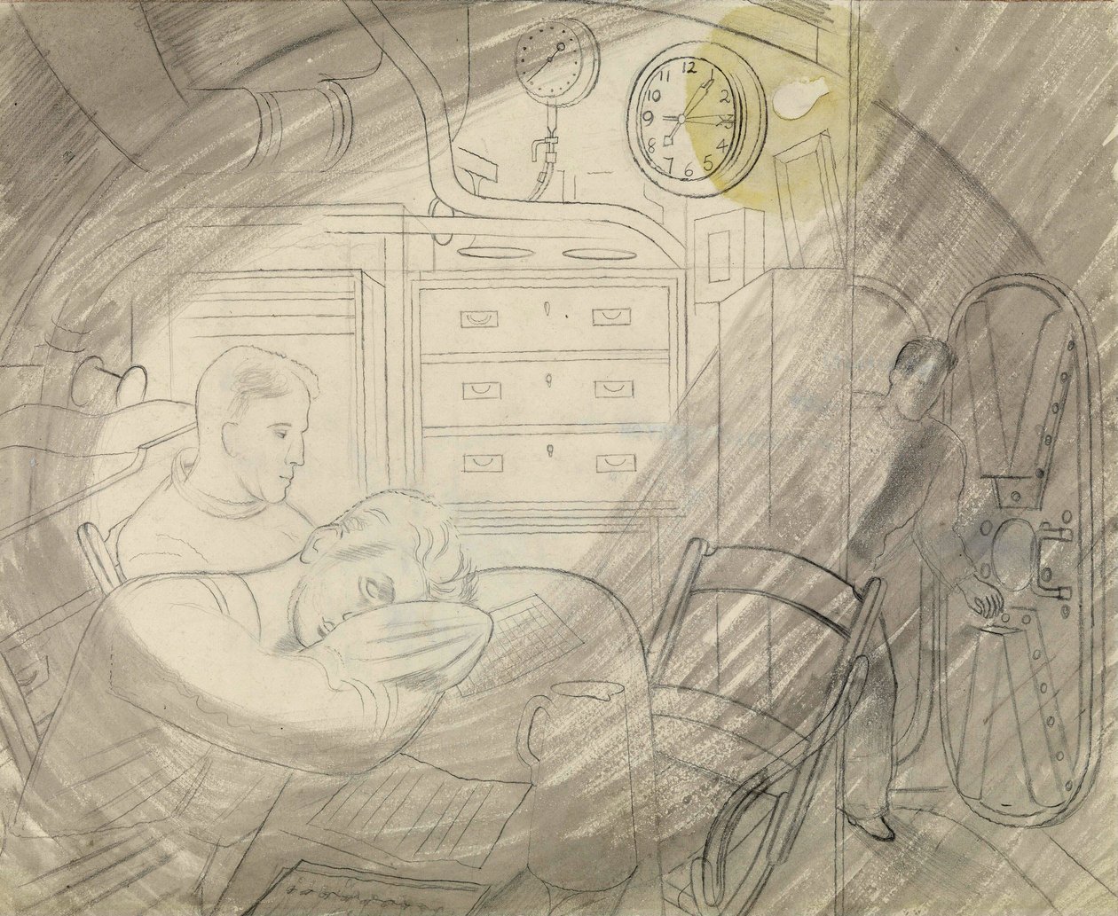 Sukellusveneen (sukellusveneen) ylimpien upseerien hytti (tai neliö). Eric Raviliousin (1903-1942) lyijykynäsarja, sukellusveneeseen toisen maailmansodan aikana (1939-1945). tekijältä Eric Ravilious