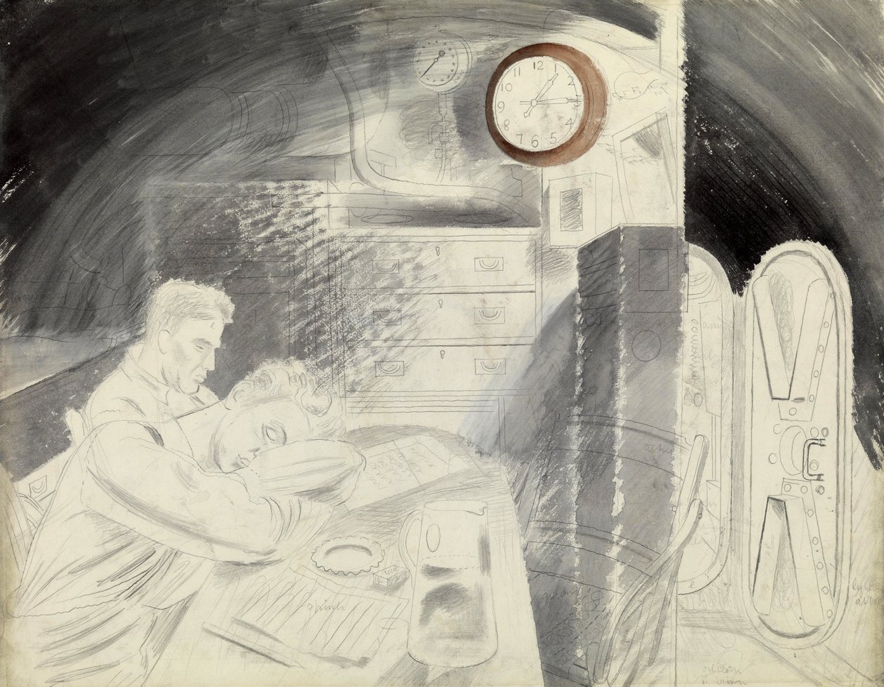 Sukellusveneen (sukellusveneen) ylimpien upseerien hytti (tai neliö). Eric Raviliousin (1903-1942) lyijykynäsarja, sukellusveneeseen toisen maailmansodan aikana (1939-1945). tekijältä Eric Ravilious