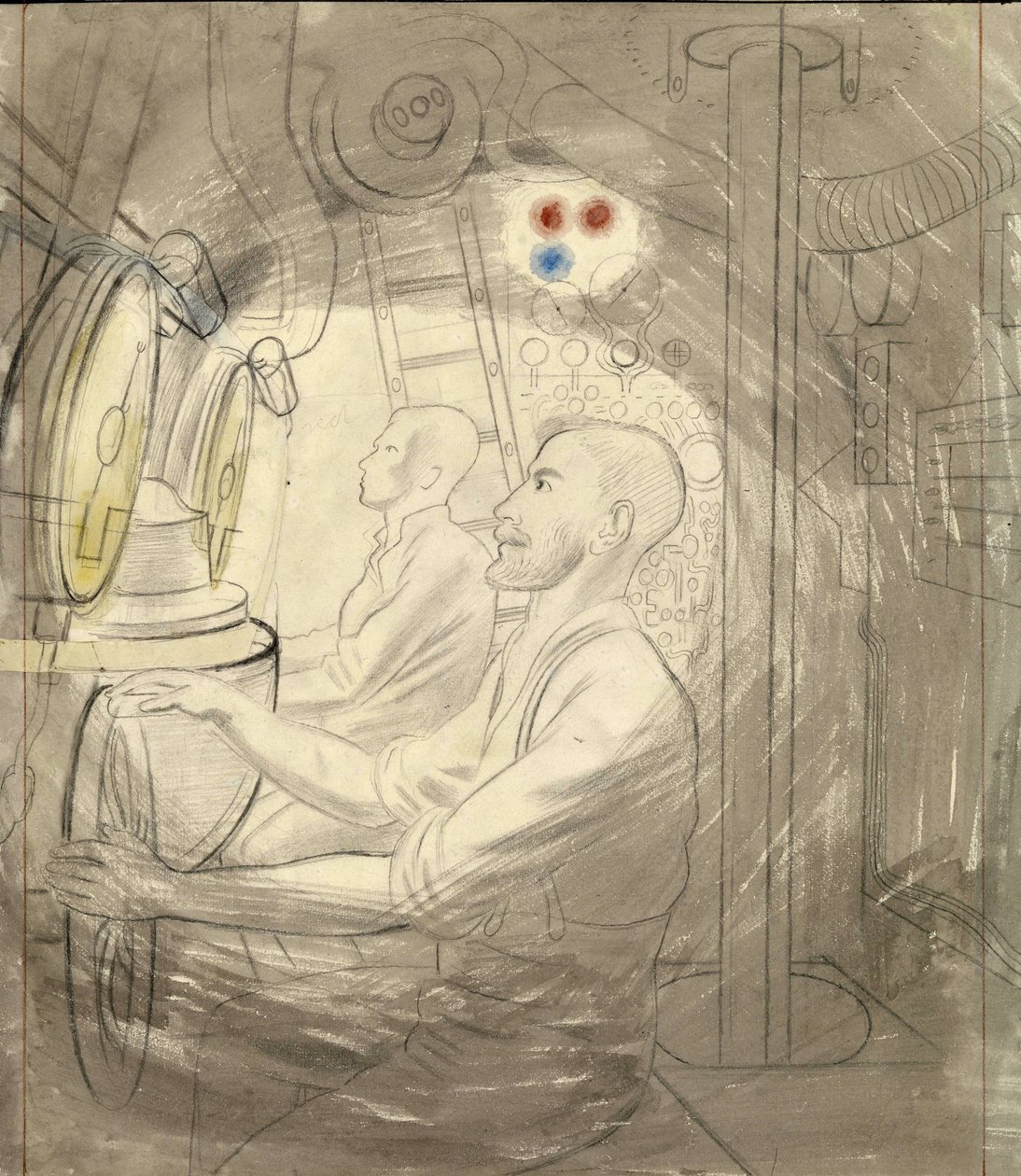 Sukellusveneen sukelluksen valvontahuone. Eric Raviliousin (1903-1942) lyijykynäsarja, sukellusveneessä toisen maailmansodan aikana (1939-1945). tekijältä Eric Ravilious