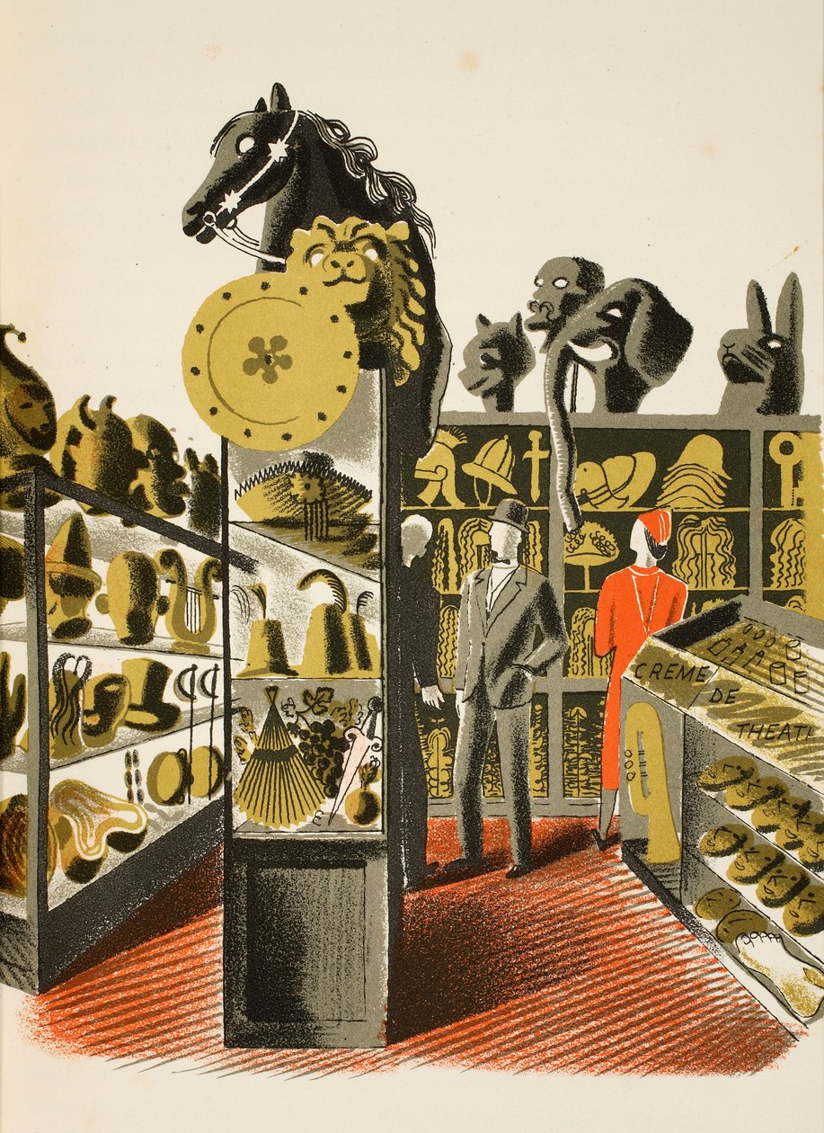 Teatterin puku- ja esinevuokraamo, kuvitus J. M. Richardsin High Street -teoksesta, painanut Curwen Press, pubi. Kirjailija: Country Life, 1938 tekijältä Eric Ravilious
