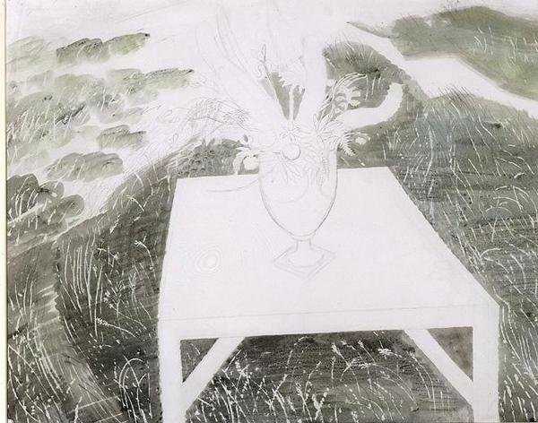 Kukkimaljakko puutarhassa (kynä ja akvarelli paperille) tekijältä Eric Ravilious