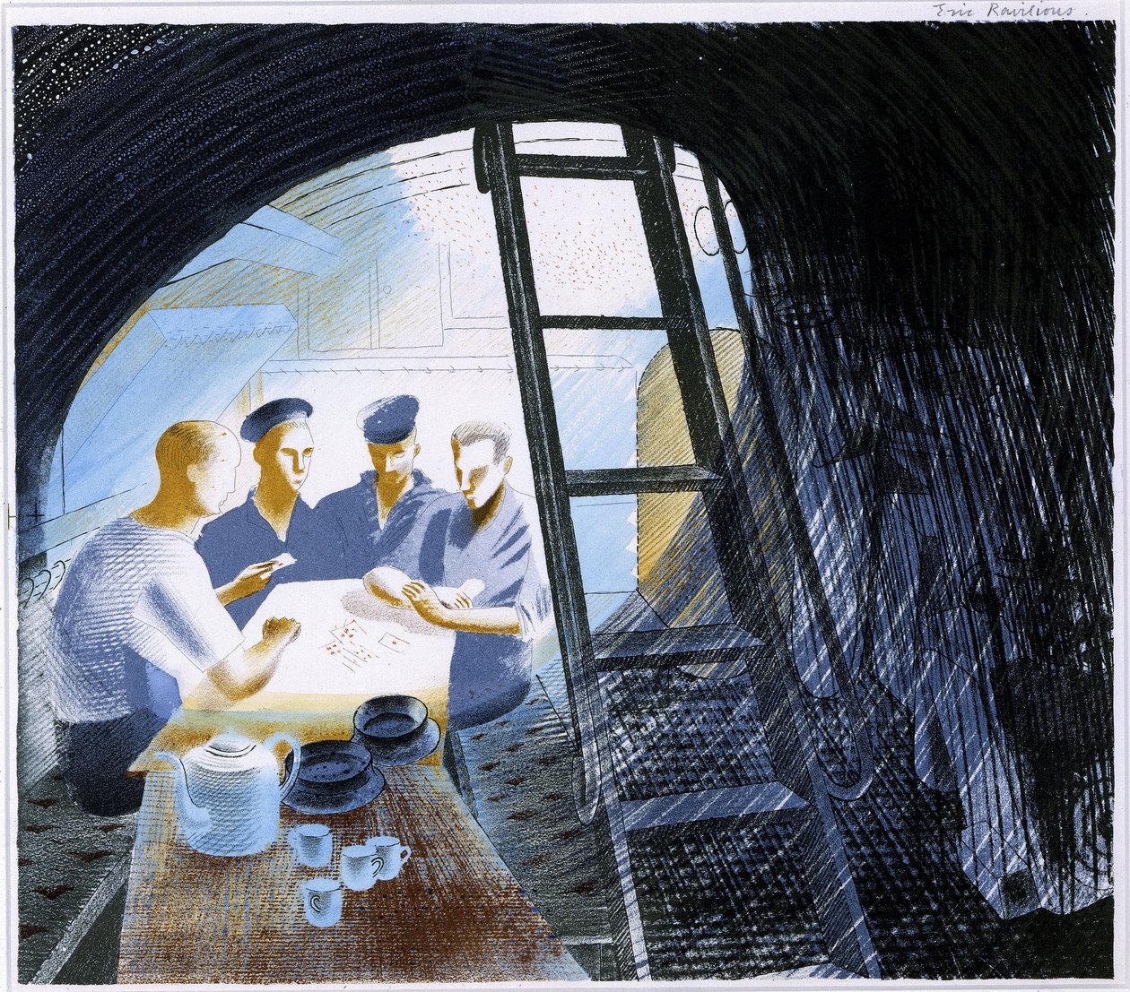 Näkymä upseerien ruokasaliin sukellusveneessä, jossa on ruoanlaittovälineitä ja neljä merimiestä pelaamassa korttia. tekijältä Eric Ravilious