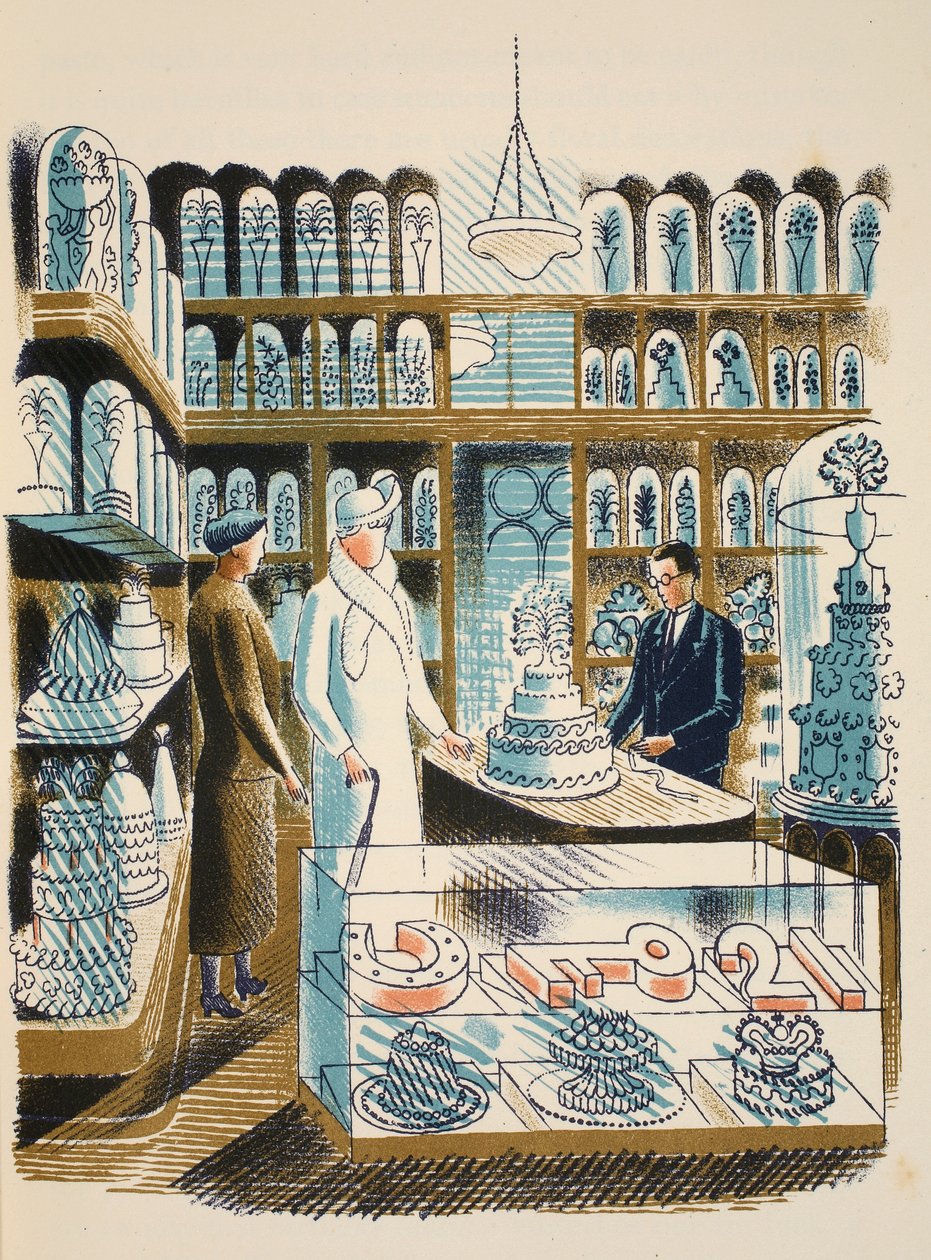 Hääkakku, kuvitus J. M. Richardsin High Streetistä, painanut Curwen Press, pub. Kirjailija: Country Life, 1938 tekijältä Eric Ravilious