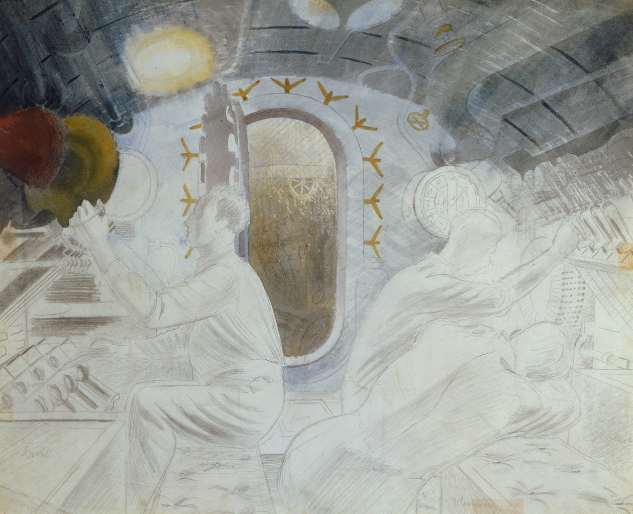 Toimivat säätimet upotettuna, n. 1940 (kynä ja wc paperilla) tekijältä Eric Ravilious