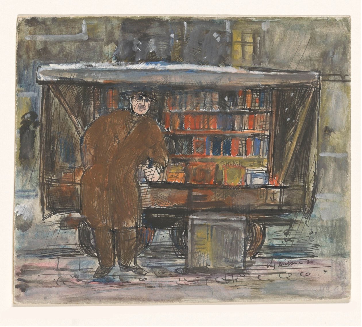 Kirjakauppias kirjakärrynsä edessä tekijältä Erich Büttner (signed by artist)