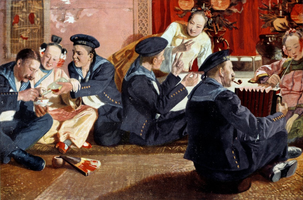 Merimiehet kiinalaisessa talossa Erich Eltzen (1865-) maalauksen perusteella. Kaiverrus 1800-luvulta. Pariisi, koristetaide tekijältä Erich Eltze
