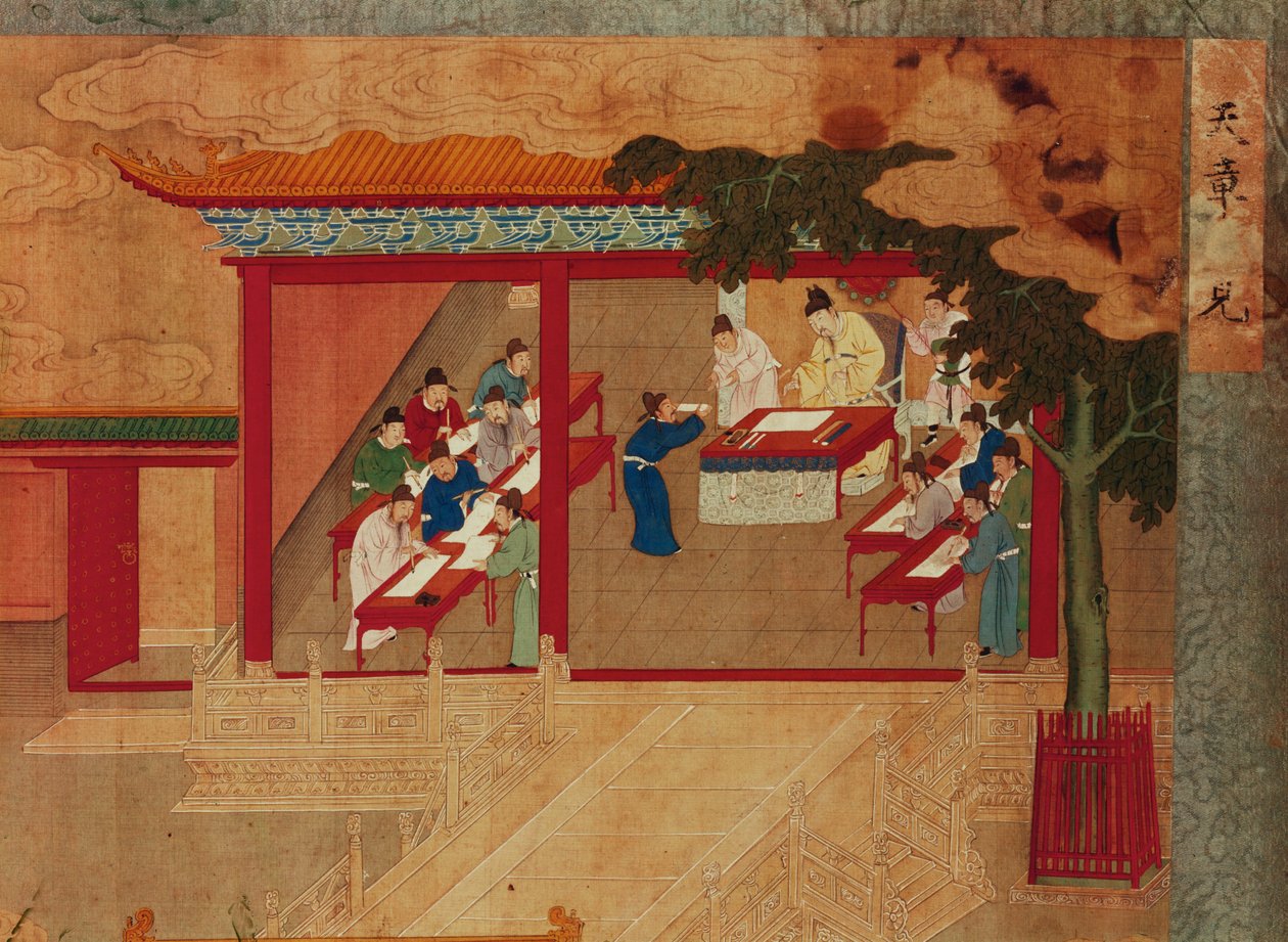 Ryhmä kirjureita kopioi Tao te kingiä ja esittää sen keisarille. tekijältä Erich Lessing