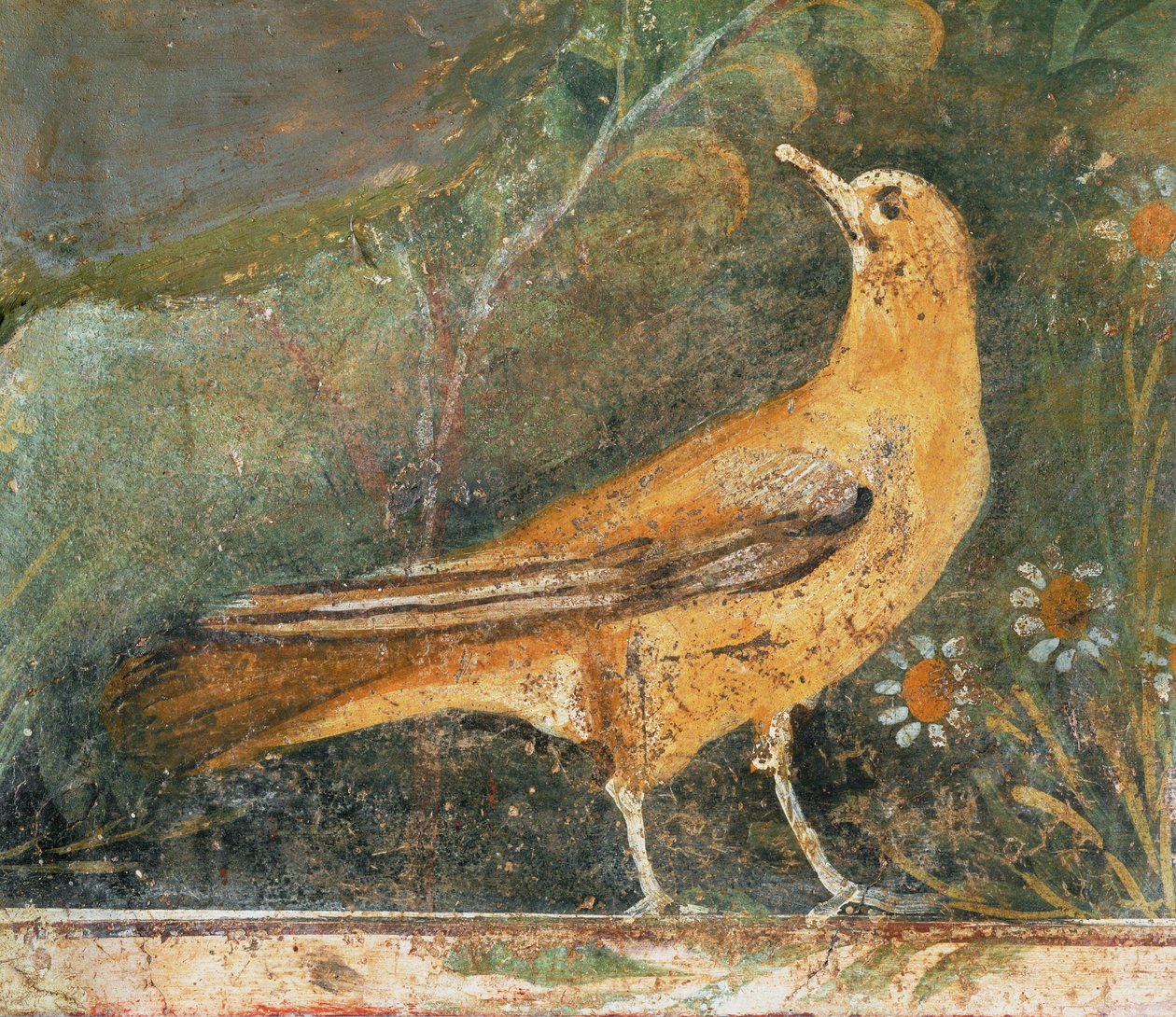 Lintu ja kaksi päivänkakkaraa (fresko) tekijältä Erich Lessing