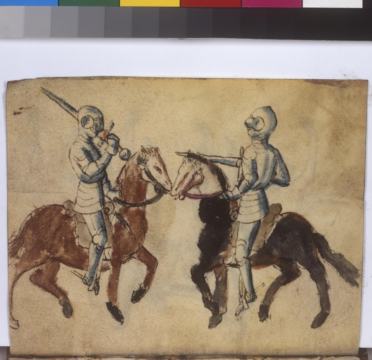Koko sivu: miekkailukohtaus hevosen selässä, 1400-luvun puoliväli (tussi- ja sivellinpiirros). tekijältä Erich Lessing