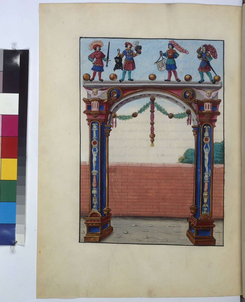 Koko sivu: pienoismallikuva: riemukaari ja haarniskankantajat, noin 1515 (temperamaalaus). tekijältä Erich Lessing