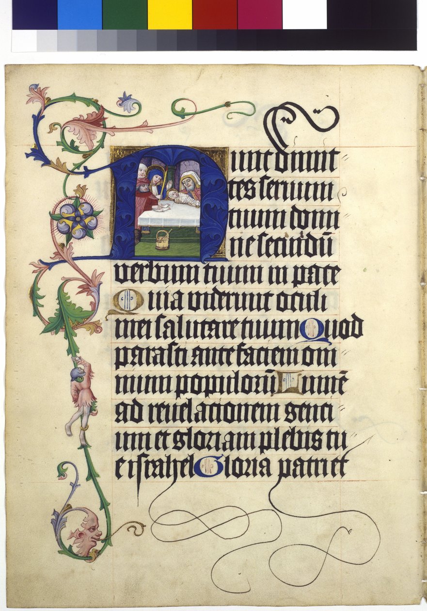 Koko sivu: teksti [Simeonin ylistyslaulu], jossa historiallinen N-kirjain, jota koristavat köynnökset: Jeesuksen esittely temppelissä tekijältä Erich Lessing