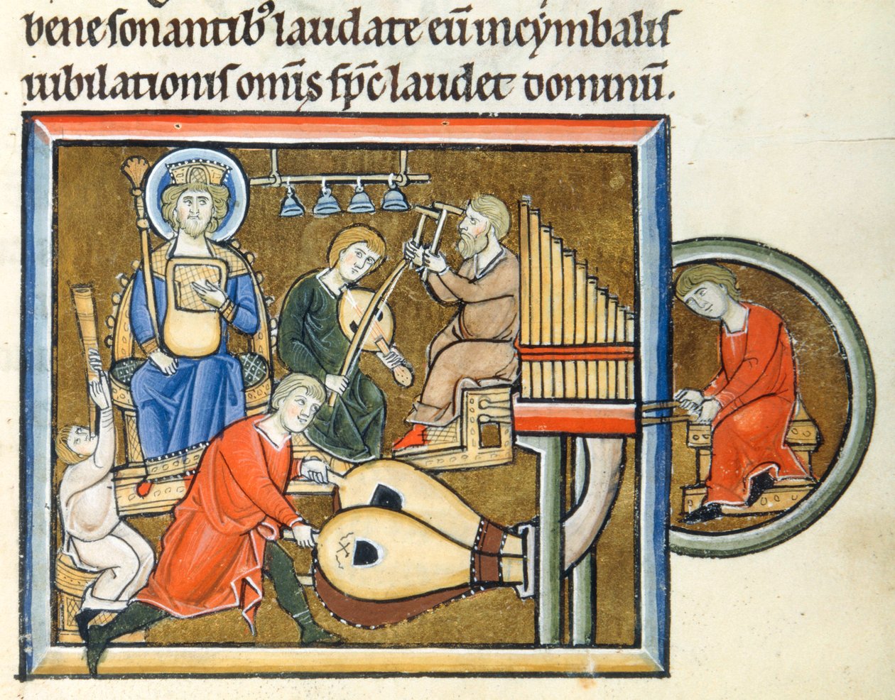 Kuningas Daavid soittaa psalttaria tuuban, urkujen ja symbaalin soittajien säestämänä. tekijältä Erich Lessing