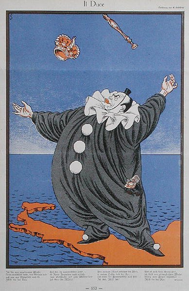 Karikatyyri Benito Mussolinista (1883-1945), Simplicissimus-lehdestä. 8. helmikuuta 1926 (väri litho) tekijältä Erich Schilling