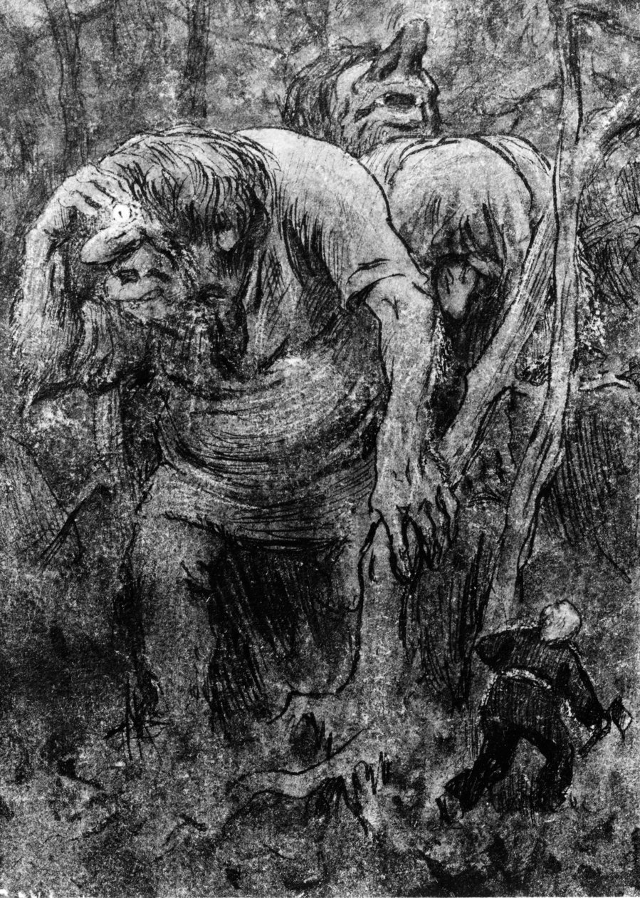Pikkupojat tapaavat peikot Hedalsin metsässä (piirros) tekijältä Erik Theodor Werenskiold