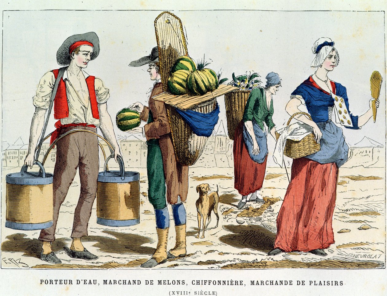 Vedenkantaja; Melonimyyjä, rättinainen ja makeismyyjä 1700-luvulla, Costumes de Paris a Travers les Siecles ed. Roy, julkaistu 1887 (värikaiverrus) tekijältä Eriz