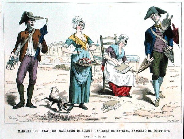 Sateenvarjomyyjä, kukkamyyjä, patjan villakarstaja ja palkeiden myyjä 1700-luvulla, Costumes de Paris a Travers les Siecles, toim. Roy, julkaistu 1887 (värikaiverrus) tekijältä Eriz (after)