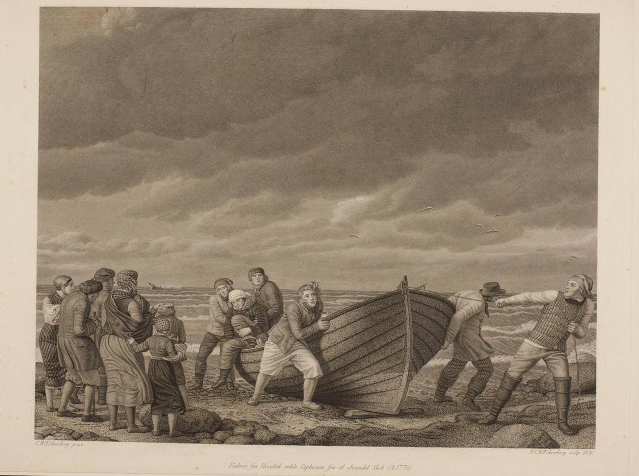 Hornbekin kalastajat pelastavat kapteenin jumiin jääneeltä alukselta (A.1775) tekijältä Erling Eckersberg