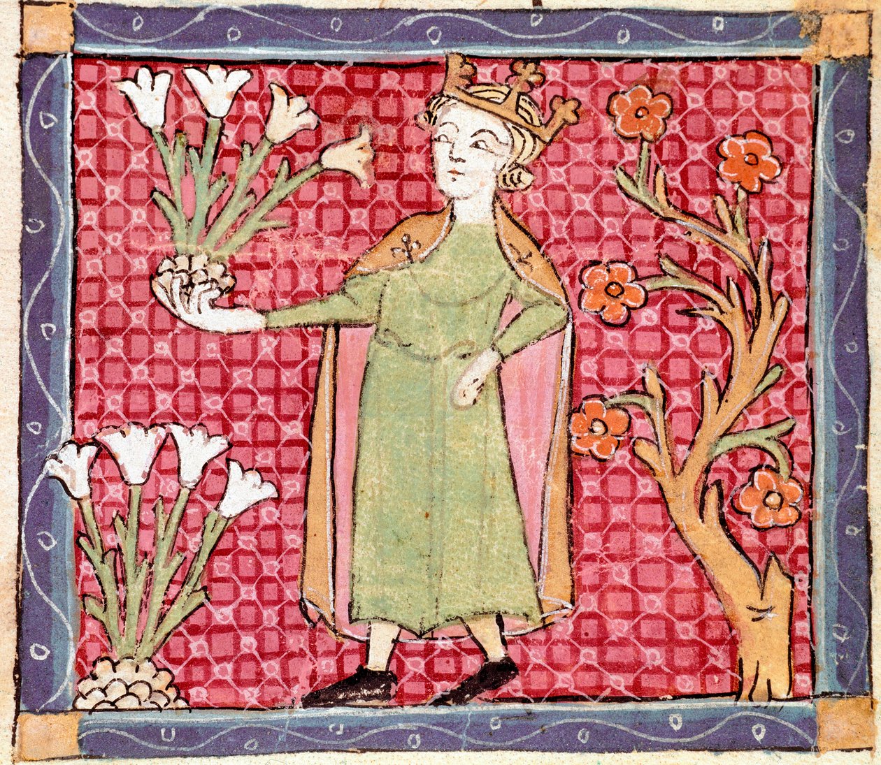 Huhtikuu: kasvien poiminta. Ermengol de Beziersin (Matfre Ermengau) (Ermengaud) (kuollut 1322) pienoismalli "Breviaire d