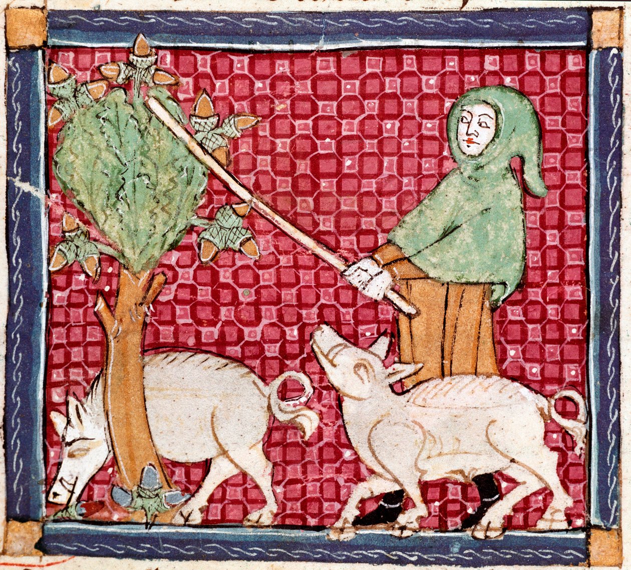 Syyskuu: siat syövät tammenterhoja. Ermengol de Beziersin (Matfre Ermengau) (Ermengaud) (kuollut 1322) pienoismalli "Breviaire d