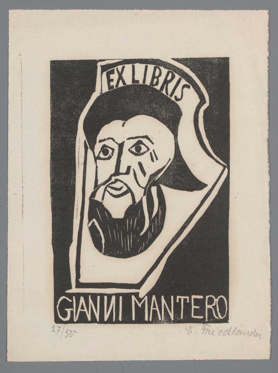 Ex libris Gianni Manterosta tekijältä Erna Levy Friedländer (signed by artist)
